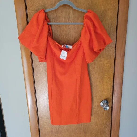 Free People FP Beach Orange Puff Sleeve Ribbed Dress M NWT Holiday Party Resort - Picture 4 of 5